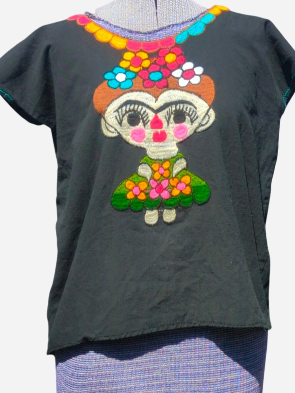Embroidered Frida Kahlo Black Peasant Blouse Sz M/L